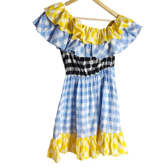 Caroline Constas Blue Yellow Plaid Off The Shoulder Ruffle Mini Dress Size S